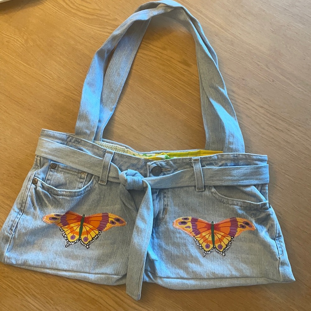 Light Blue Upcycled Jeans Denim Tote Bag with Butterfly Embroidery
